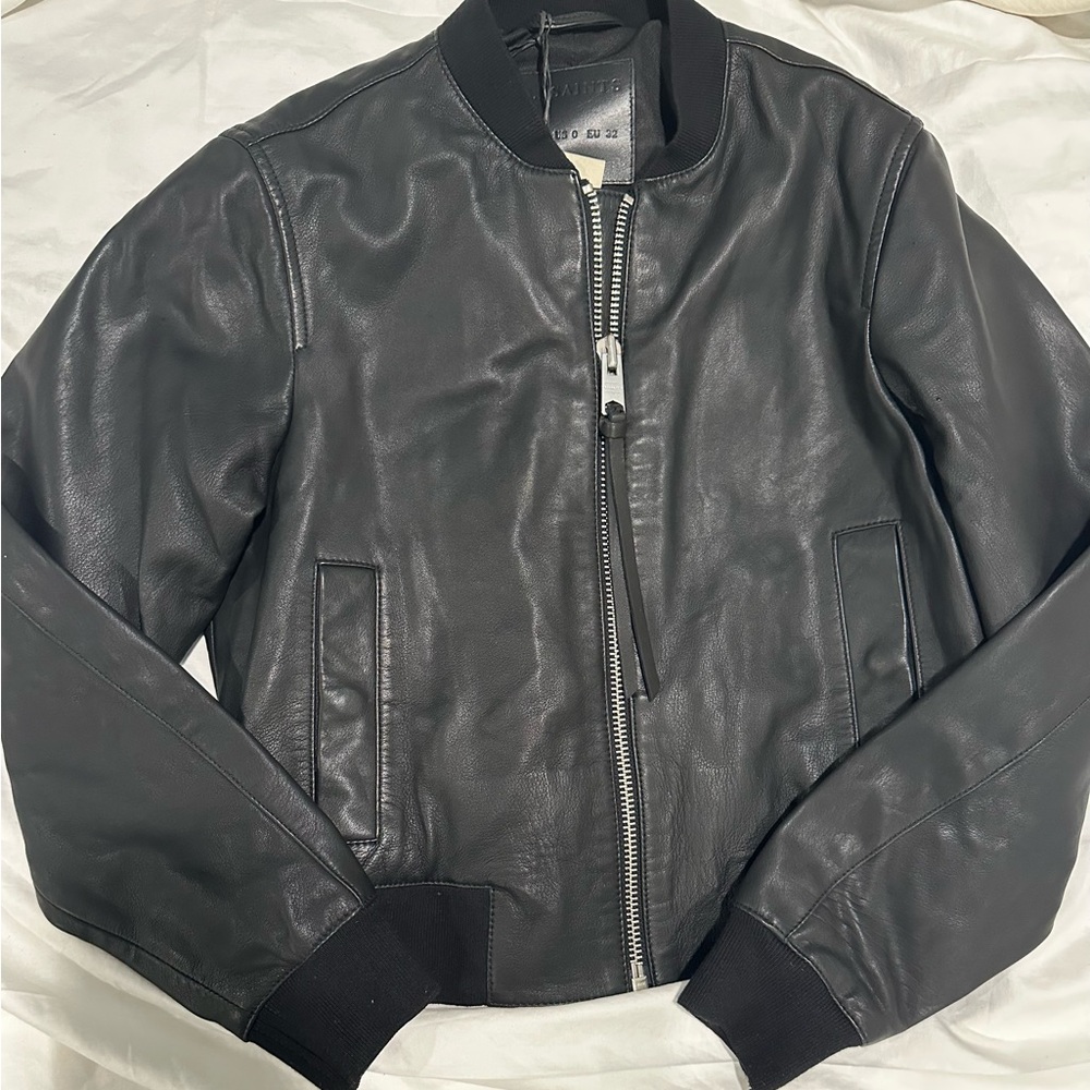 ALLSAINTS Black Leather Bomber Jacket SIZE 4
